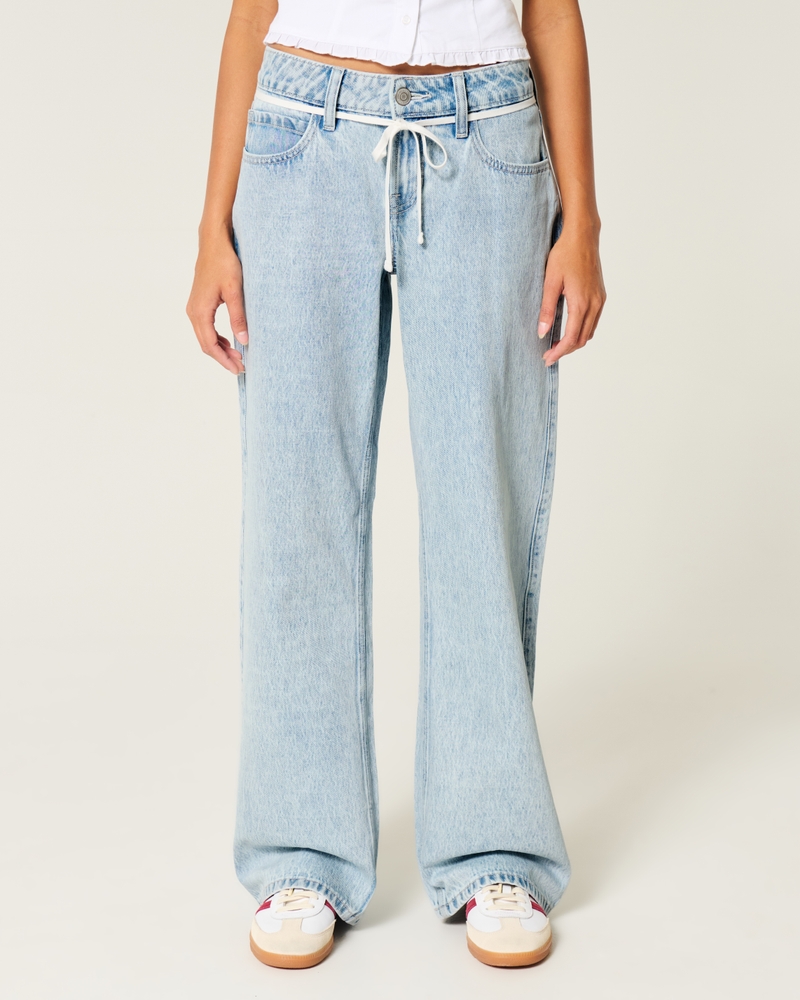 Low-Rise Light Wash Tie-Waist Baggy Jeans