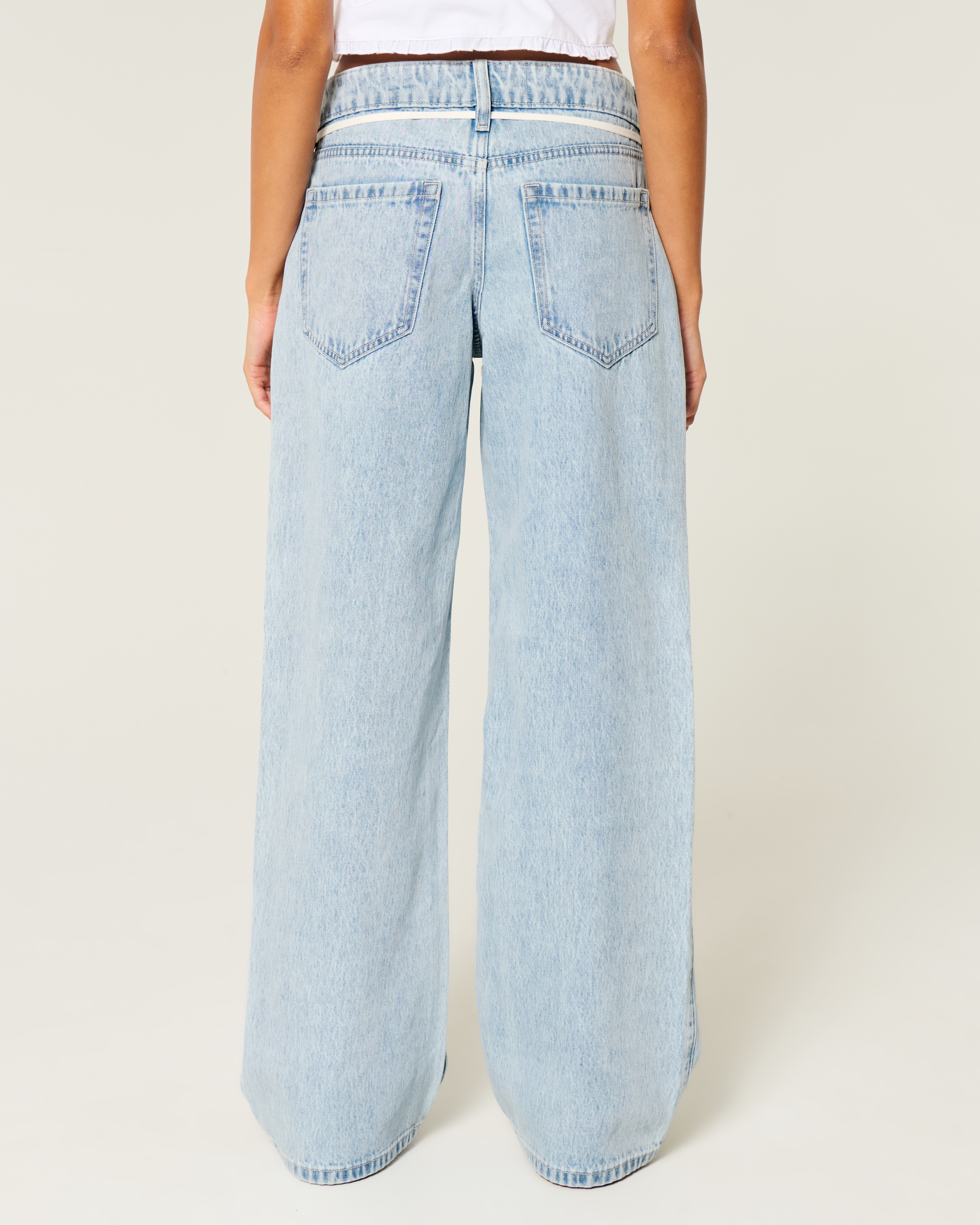 Low-Rise Light Wash Tie-Waist Baggy Jeans