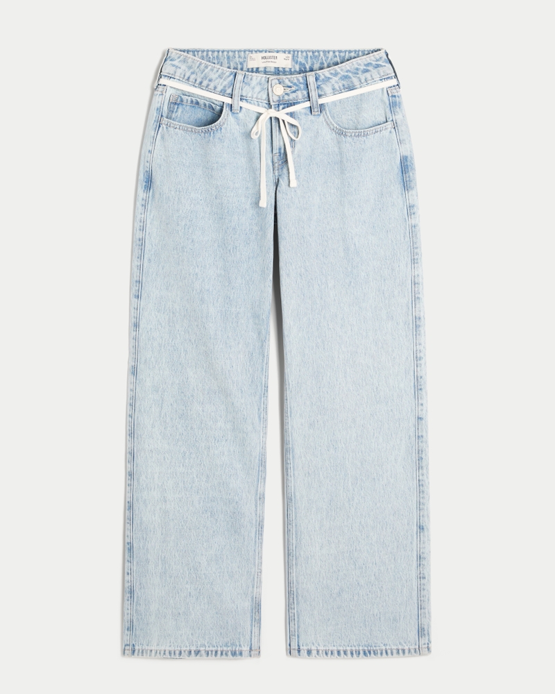 Low-Rise Light Wash Tie-Waist Baggy Jeans