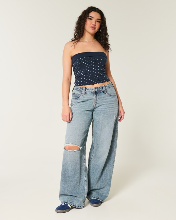 Curvy Low-Rise Ripped Medium Wash Super Baggy Jeans, Medium Ripped view 1