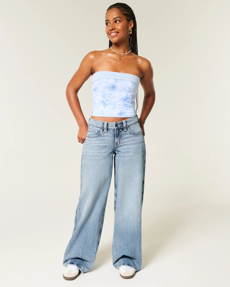 Curvy Low-Rise Medium Wash Foldover Waist Super Baggy Jeans