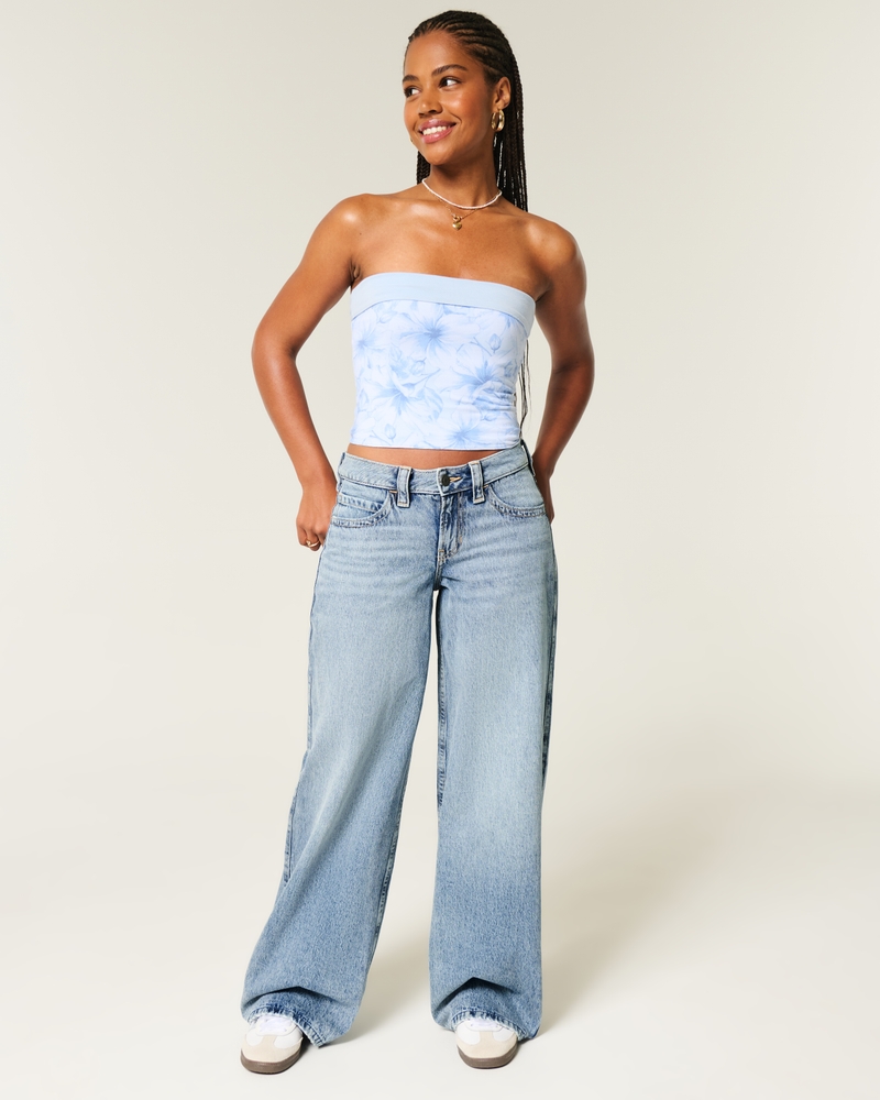 Curvy Low-Rise Medium Wash Foldover Waist Super Baggy Jeans
