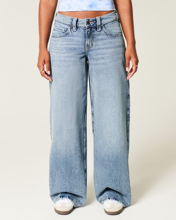 Curvy Low-Rise Medium Wash Foldover Waist Super Baggy Jeans, Medium view 2