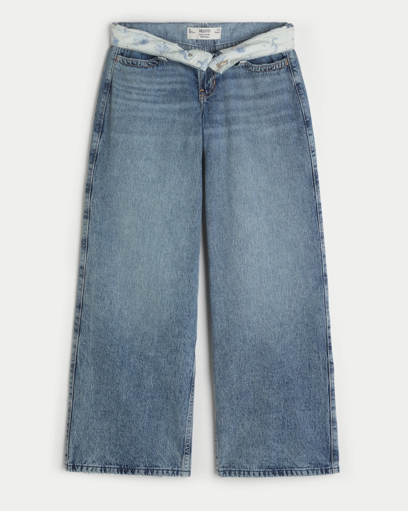 Curvy Low-Rise Medium Wash Foldover Waist Super Baggy Jeans