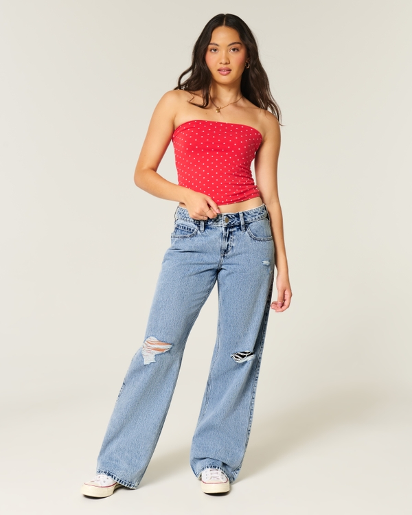 Curvy Low-Rise Ripped Medium Wash Baggy Jeans, Light Destroy view 1