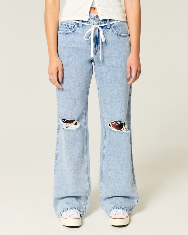 Curvy Ripped Mid-Rise Light Wash Shoelace Waist Baggy Jeans, Light Destroy view 2