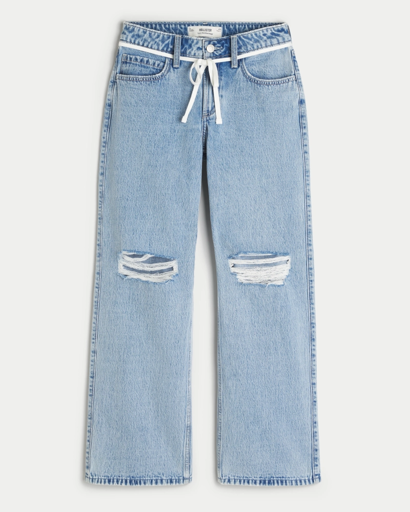 Curvy Ripped Mid-Rise Light Wash Shoelace Waist Baggy Jeans