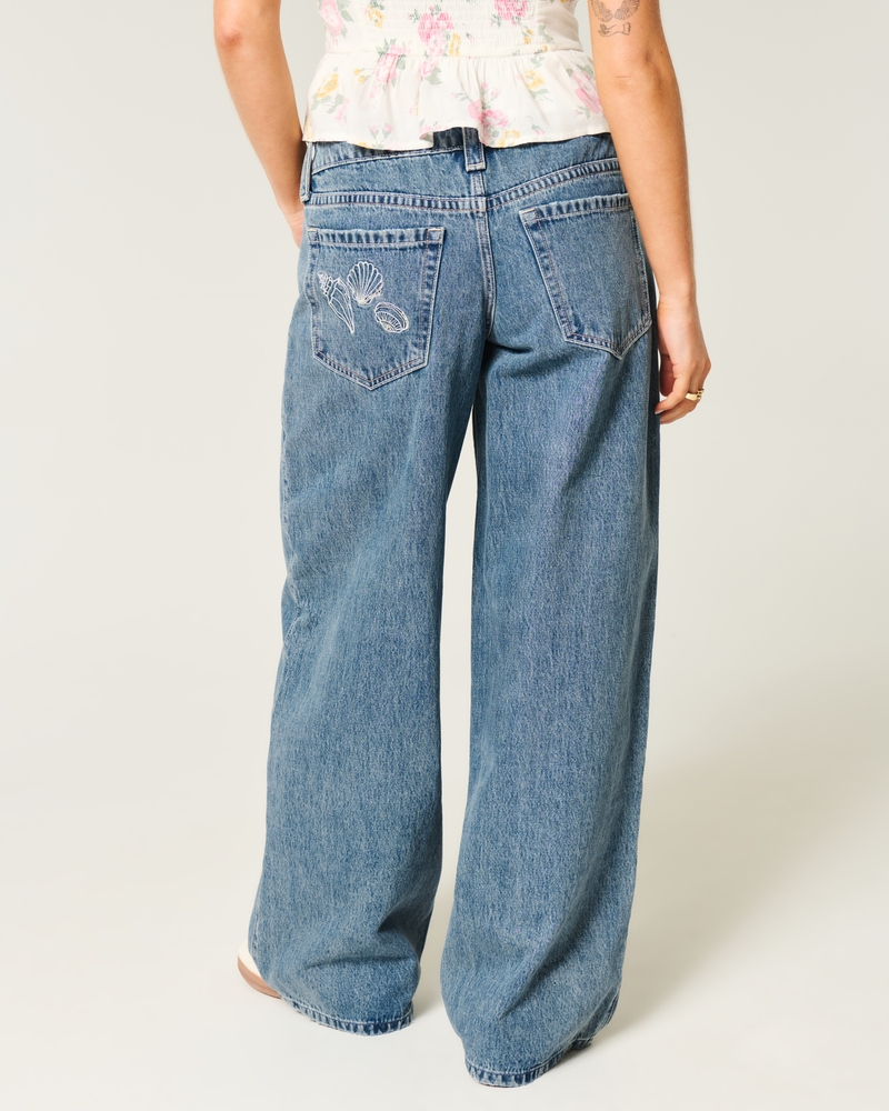 Low-Rise Medium Wash Embroidered Shell Super Baggy Jeans