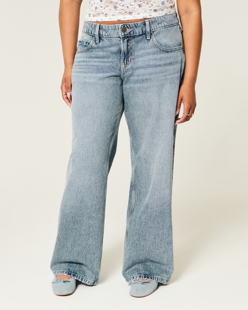 Low-Rise Medium Wash Floral Embroidered Baggy Jeans