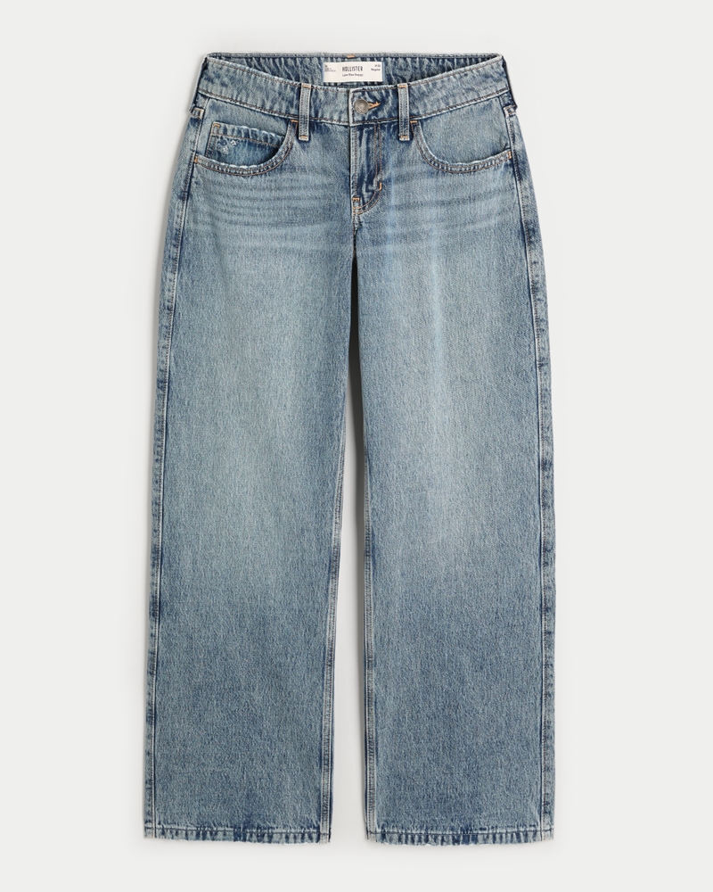 Low-Rise Medium Wash Floral Embroidered Baggy Jeans