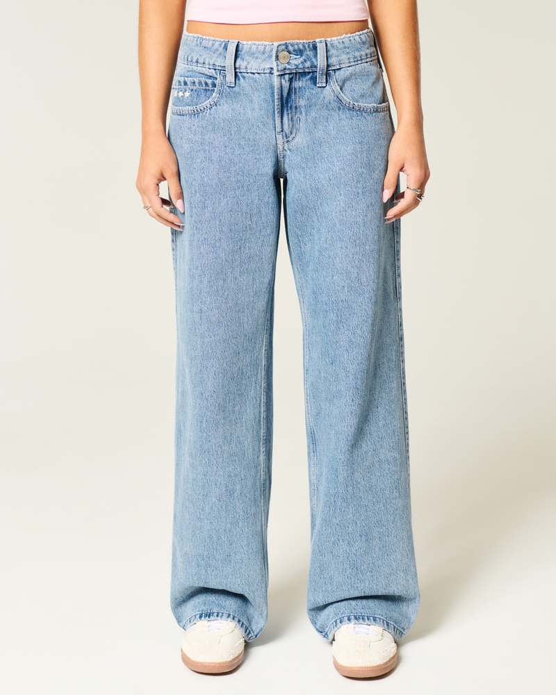 Low-Rise Medium Wash Embroidered Fruit Baggy Jeans