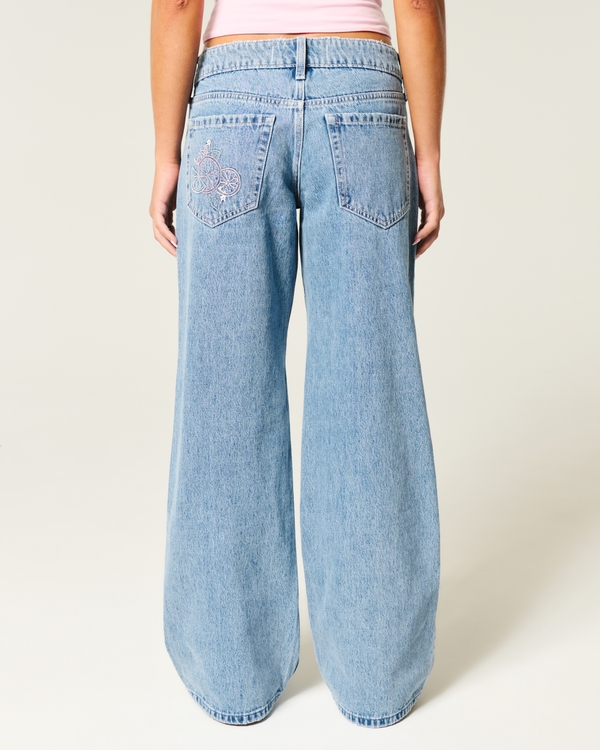 Low-Rise Medium Wash Embroidered Fruit Baggy Jeans