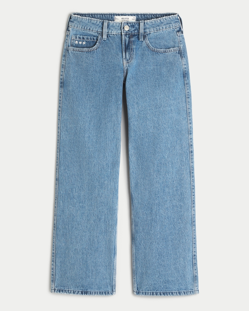 Low-Rise Medium Wash Embroidered Fruit Baggy Jeans