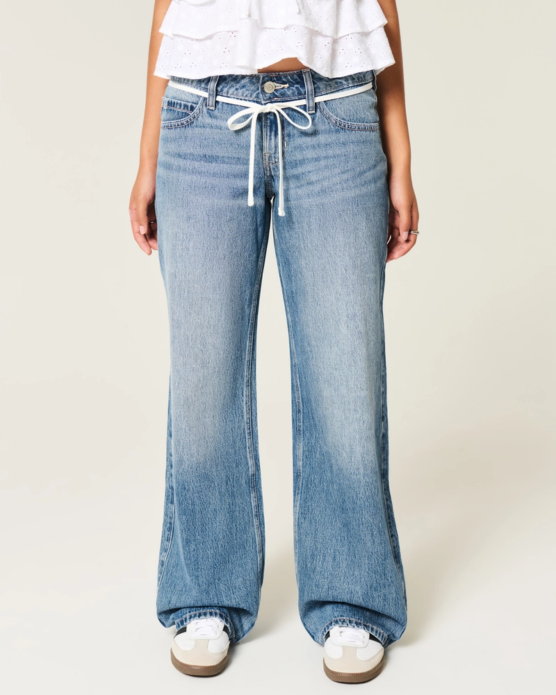 Low-Rise Medium Wash Shoestring Waist Baggy Jeans