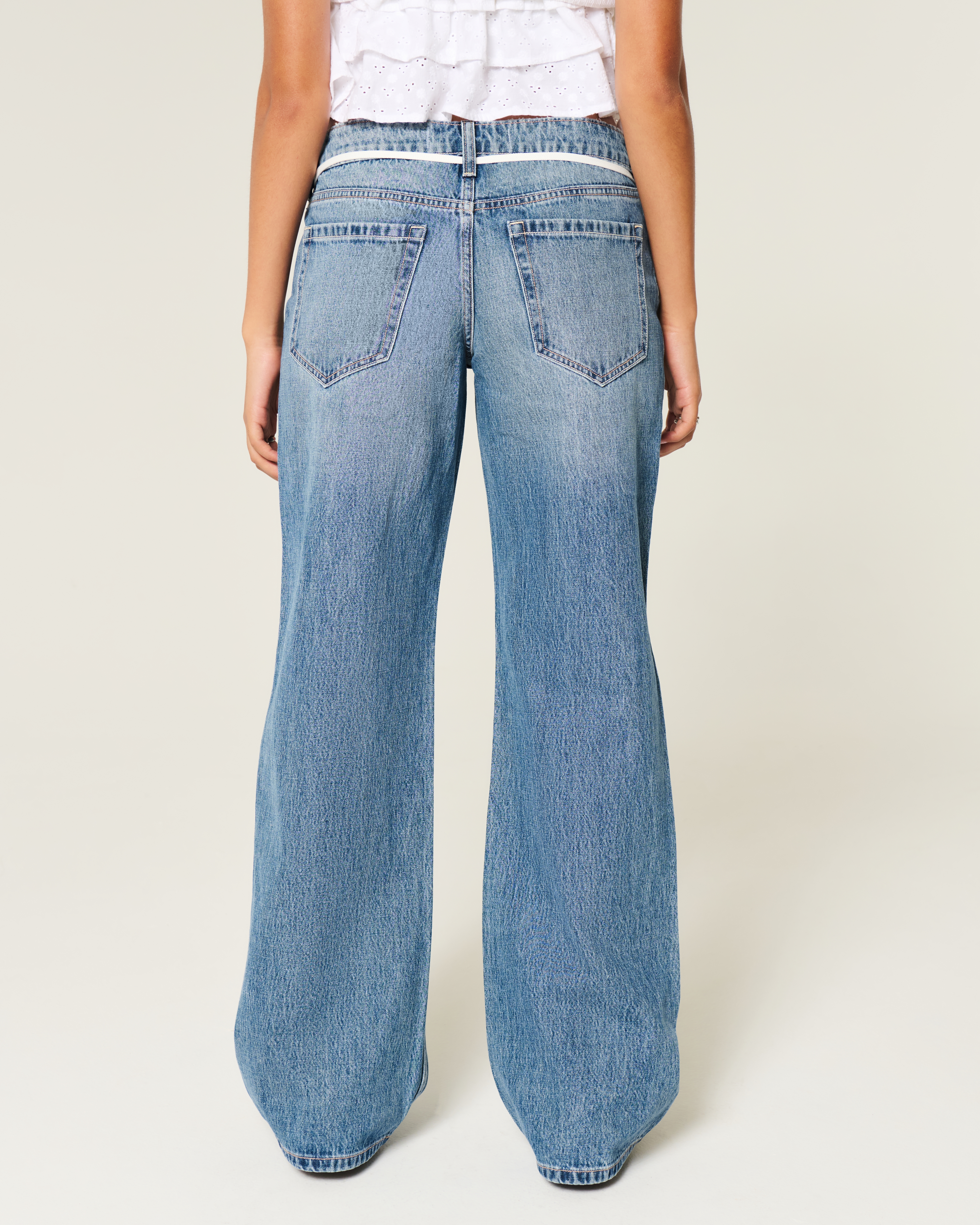 Low-Rise Medium Wash Shoestring Waist Baggy Jeans
