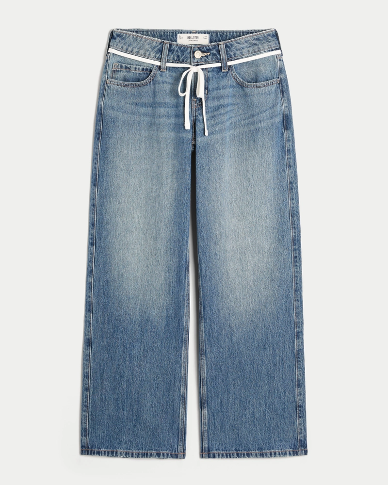 Low-Rise Medium Wash Shoestring Waist Baggy Jeans