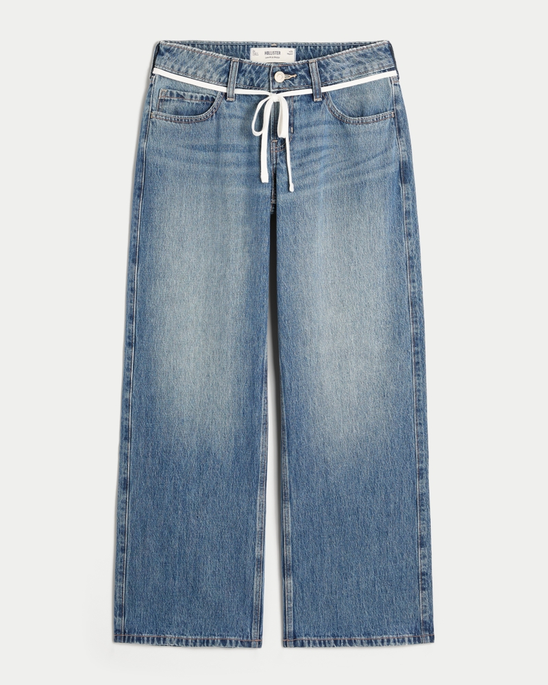 Women's Low-Rise Medium Wash Shoestring Waist Baggy Jeans
