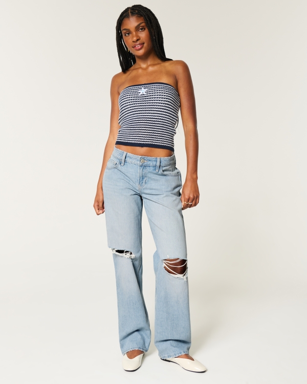 Low-Rise Ripped Light Wash Loose Jeans, Light Destroy