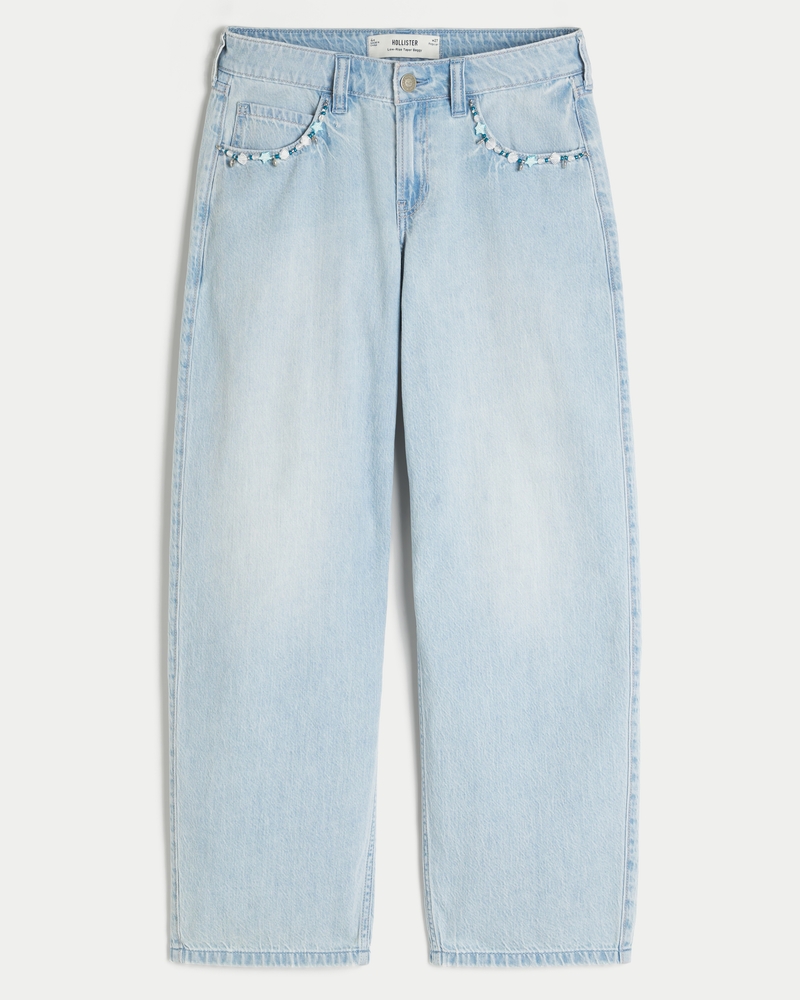 Hollister Women s Low Rise Light Wash Beaded Pockets Tapered Baggy Jeans