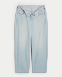 Low-Rise Light Wash Foldover Waistband Tapered Baggy Jeans