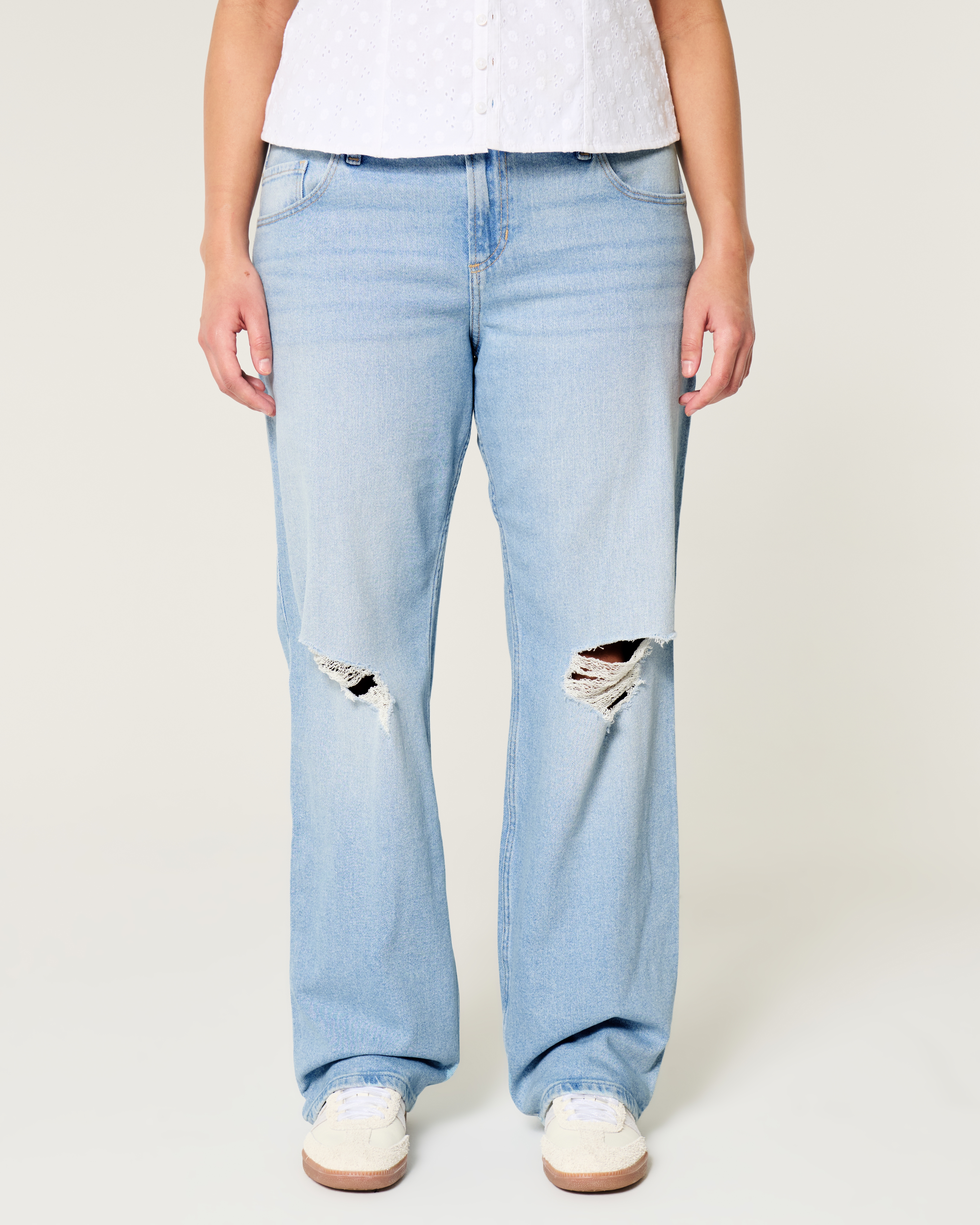 Low-Rise Ripped Light Wash Relaxed Straight Jeans