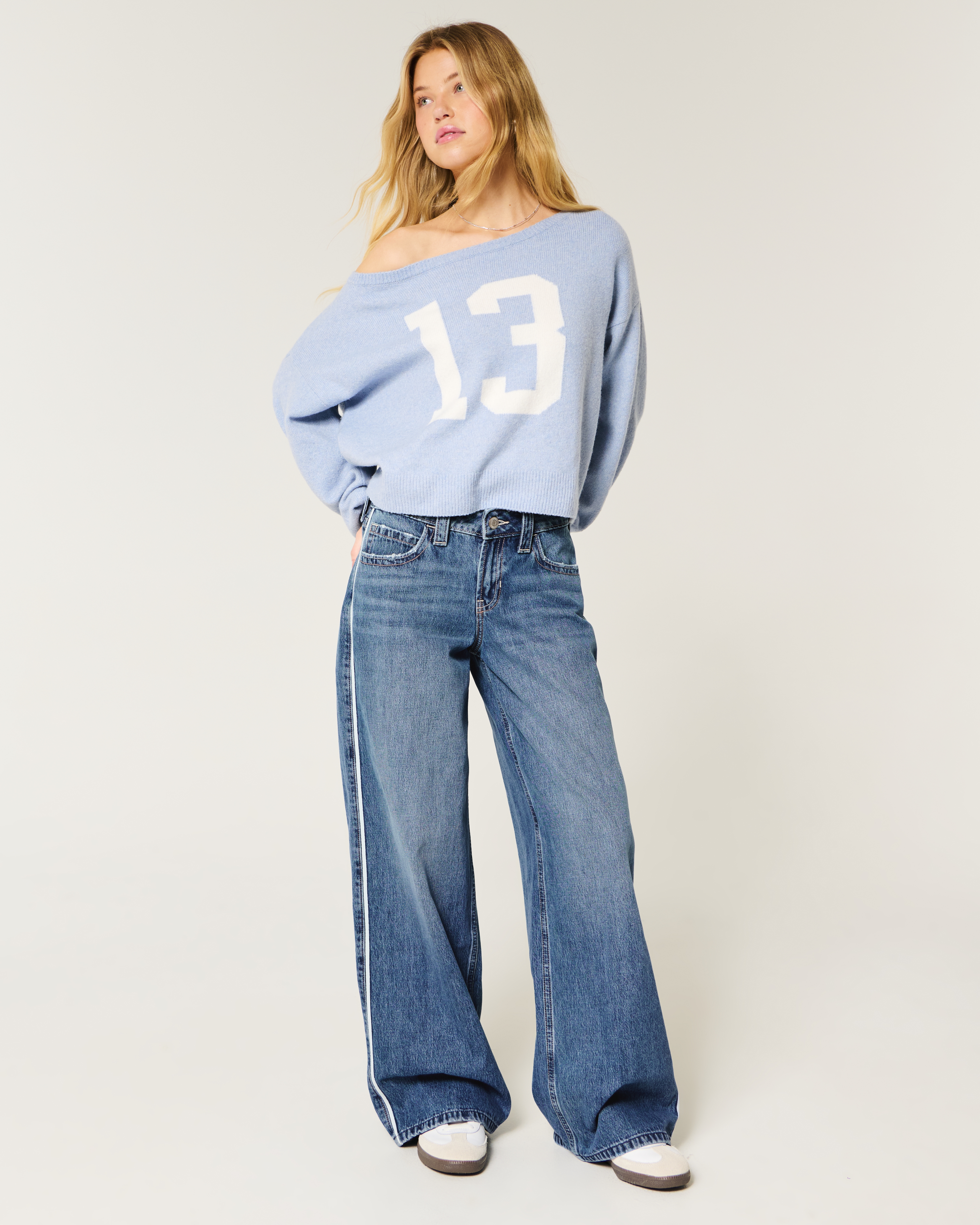 Low-Rise Medium Wash Side Stripe Super Baggy Jeans