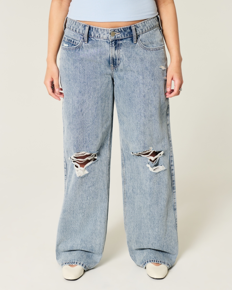 Low-Rise Medium Wash Teardown Pocket Baggy Jeans