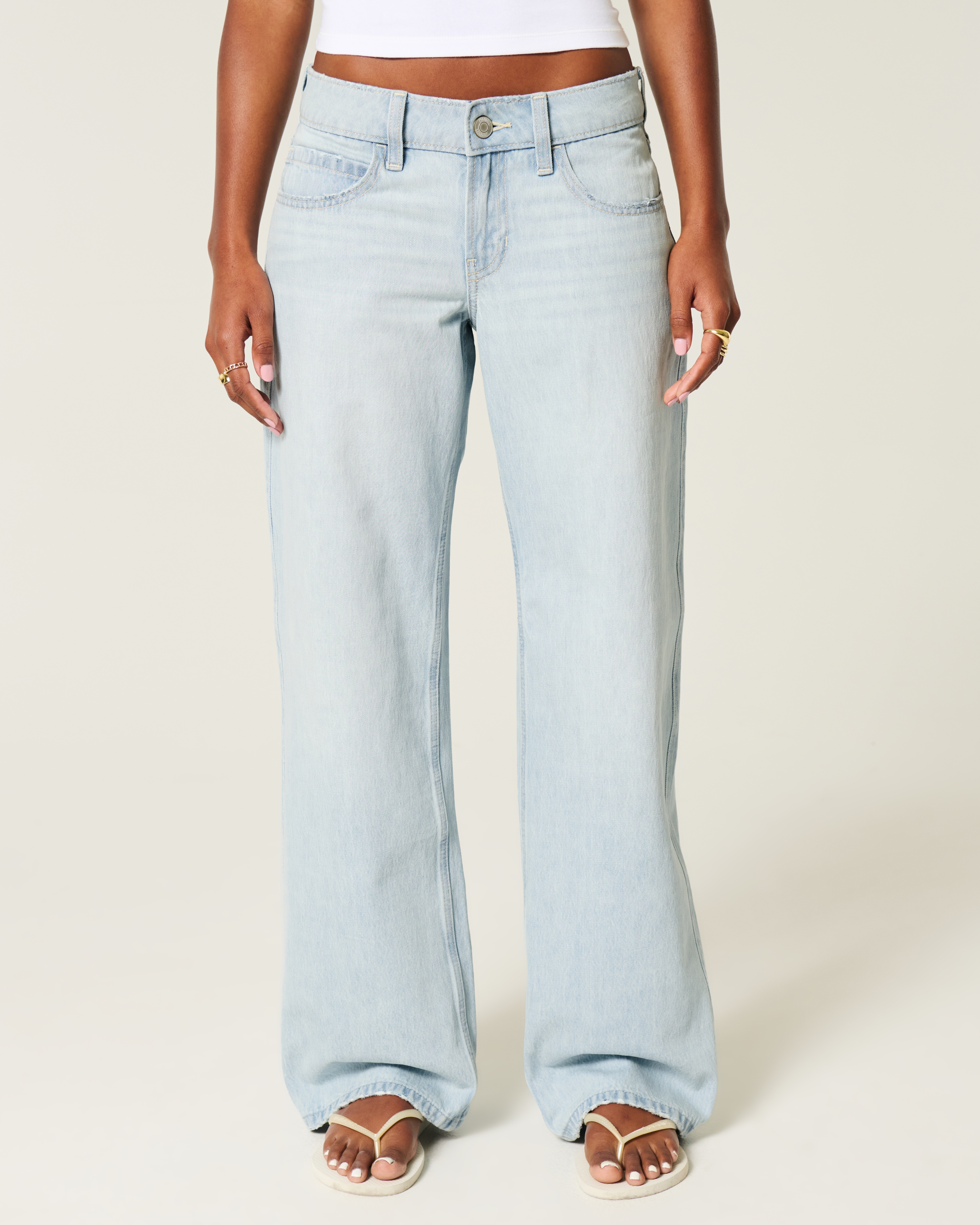 Low-Rise Light Wash Foldover Waist Baggy Jeans