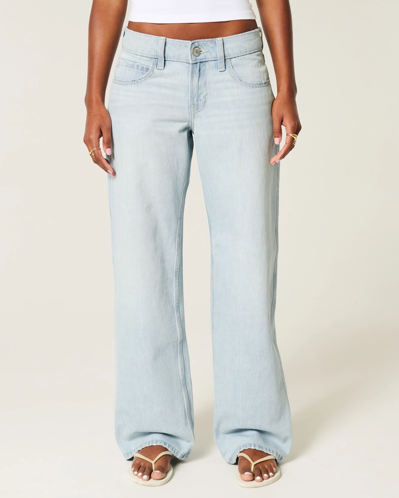 Low-Rise Light Wash Foldover Waist Baggy Jeans