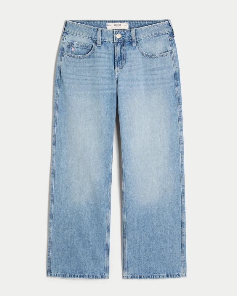 Low-Rise Medium Wash Floral Embroidery Baggy Jeans