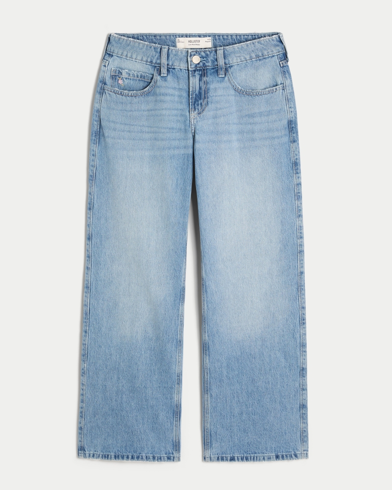 Low-Rise Medium Wash Floral Embroidery Baggy Jeans