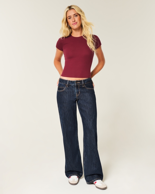 Low-Rise Dark Wash London Embroidered Baggy Jeans, Dark Rinse view 1