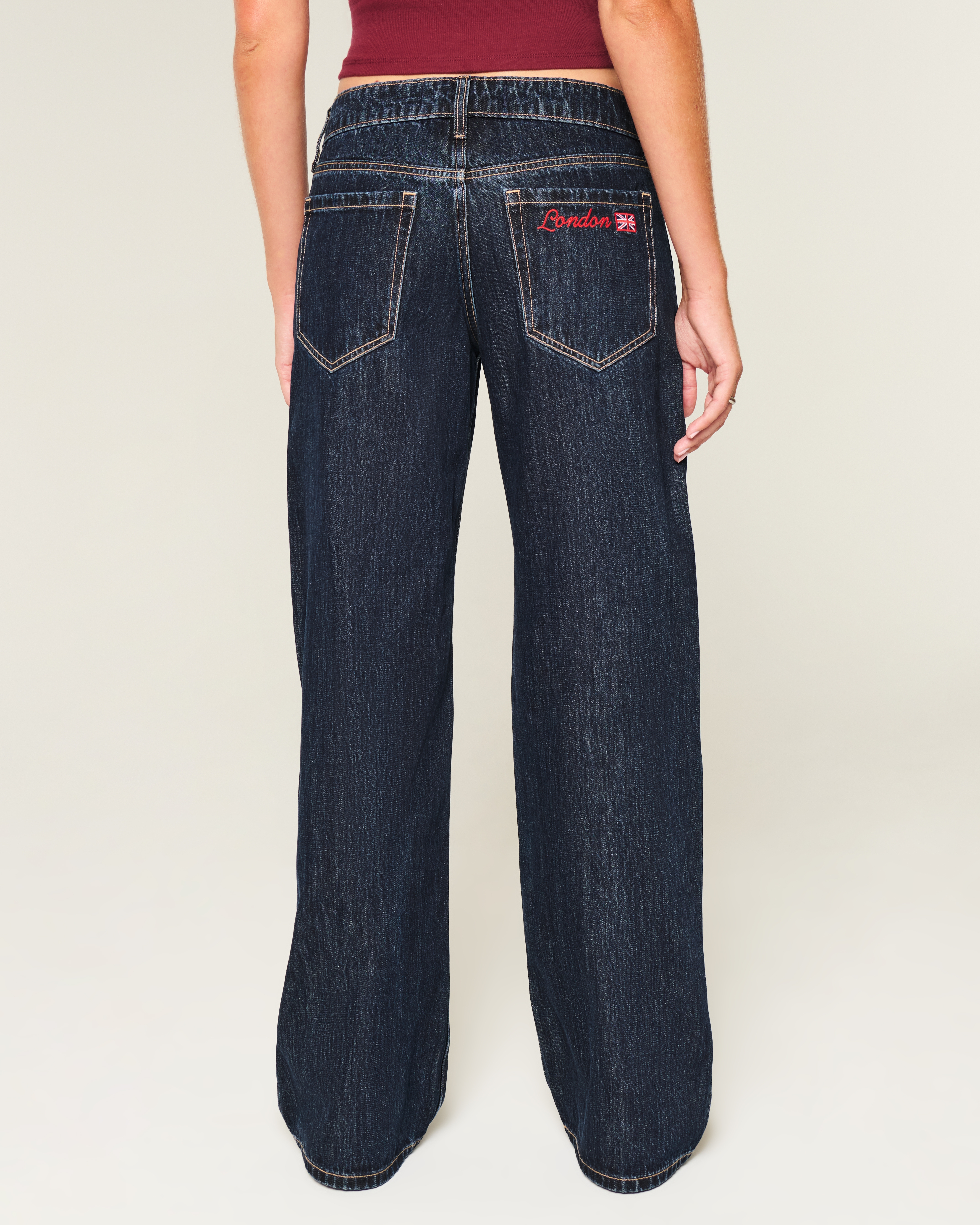 Low-Rise Dark Wash London Embroidered Baggy Jeans