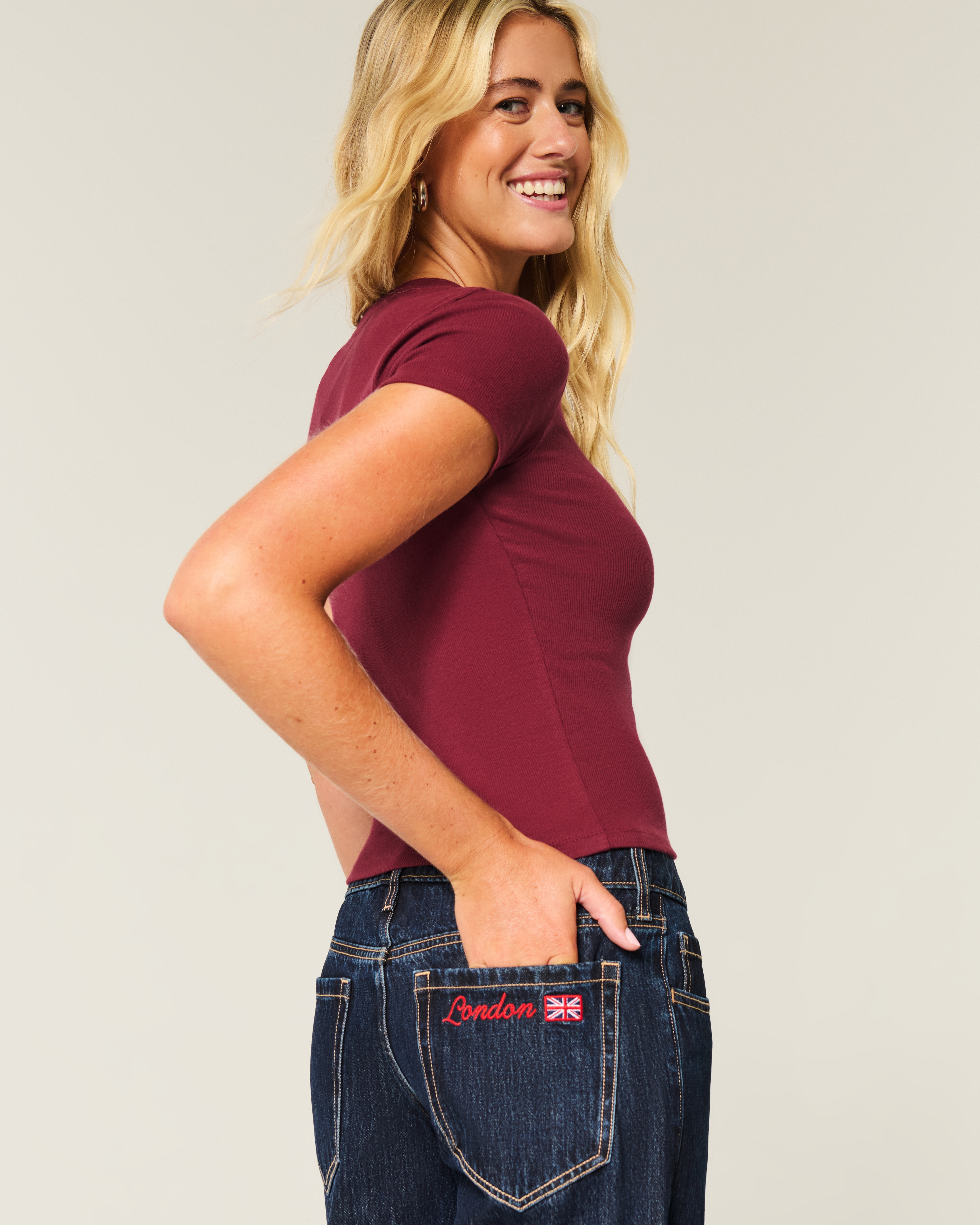 Low-Rise Dark Wash London Embroidered Baggy Jeans