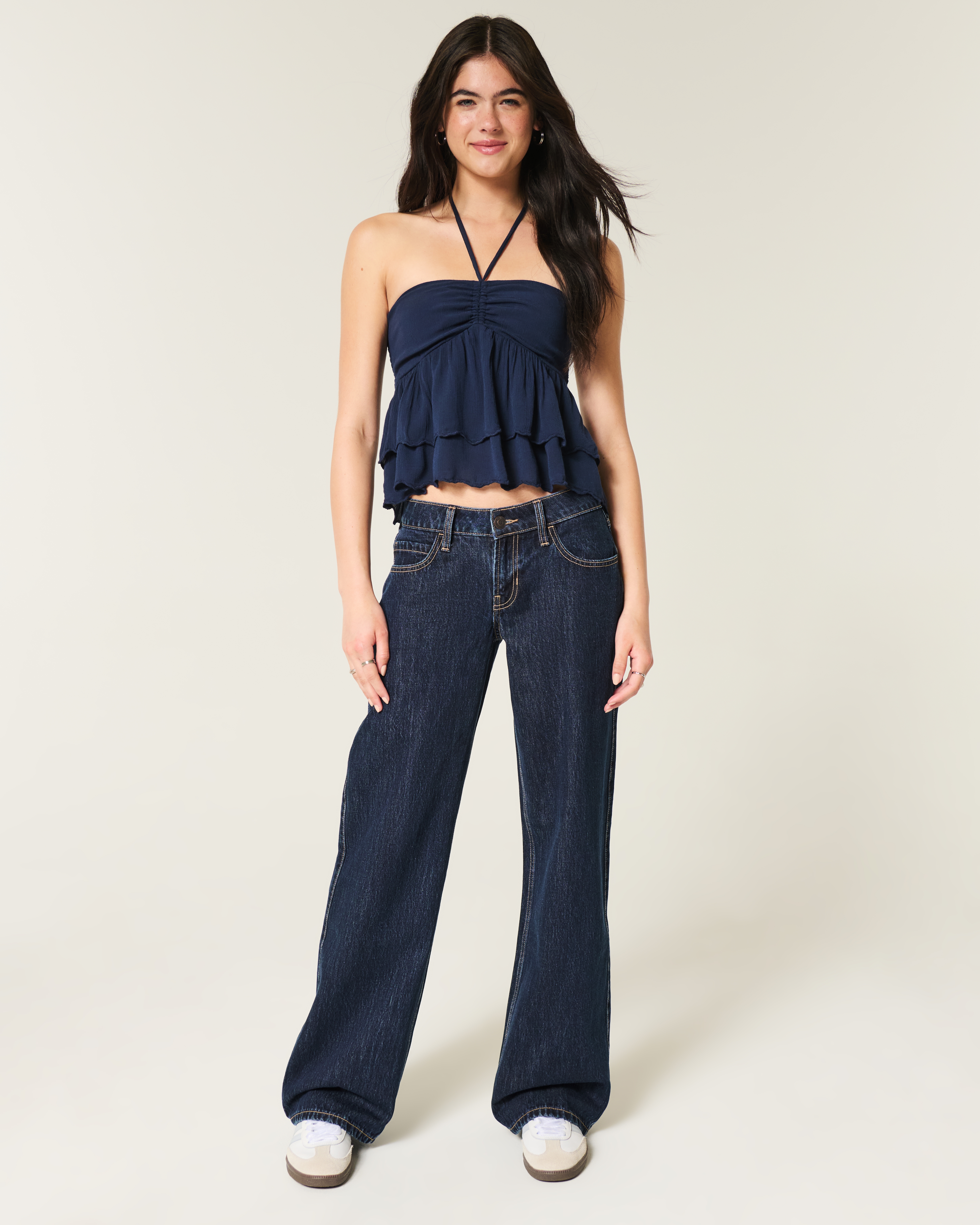 Low-Rise Dark Wash Foldover Waist Baggy Jeans