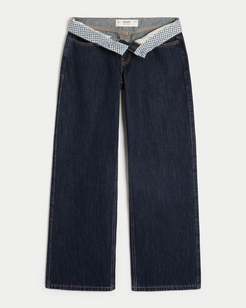 Low-Rise Dark Wash Foldover Waist Baggy Jeans