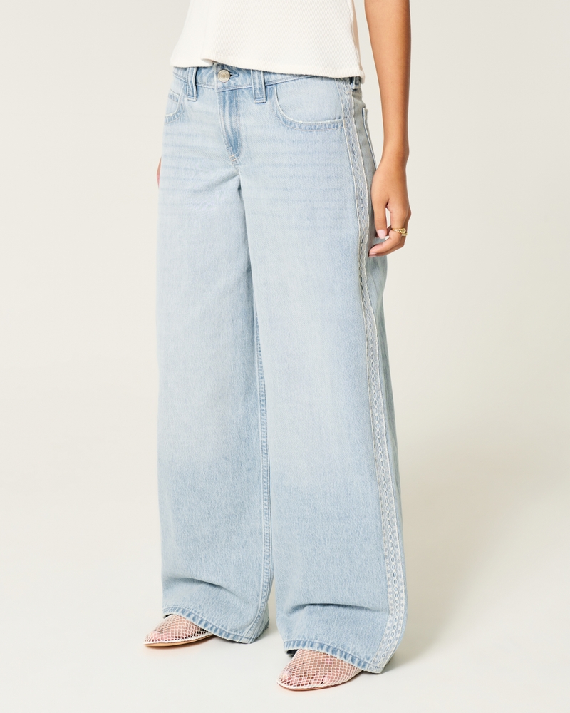 Low-Rise Light Wash Lace Stripe Super Baggy Jeans
