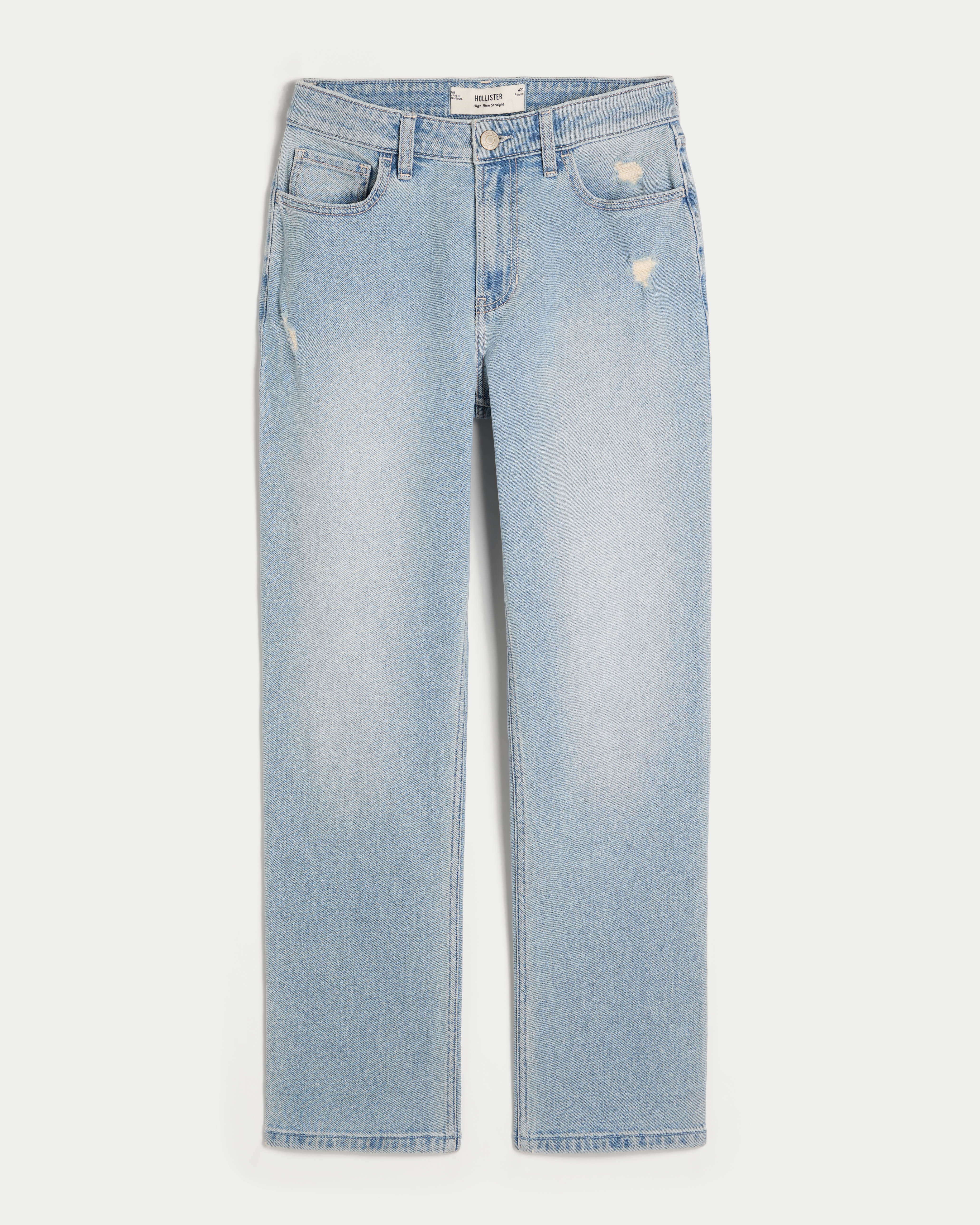 High-Rise Distressed Light Wash Straight Jeans