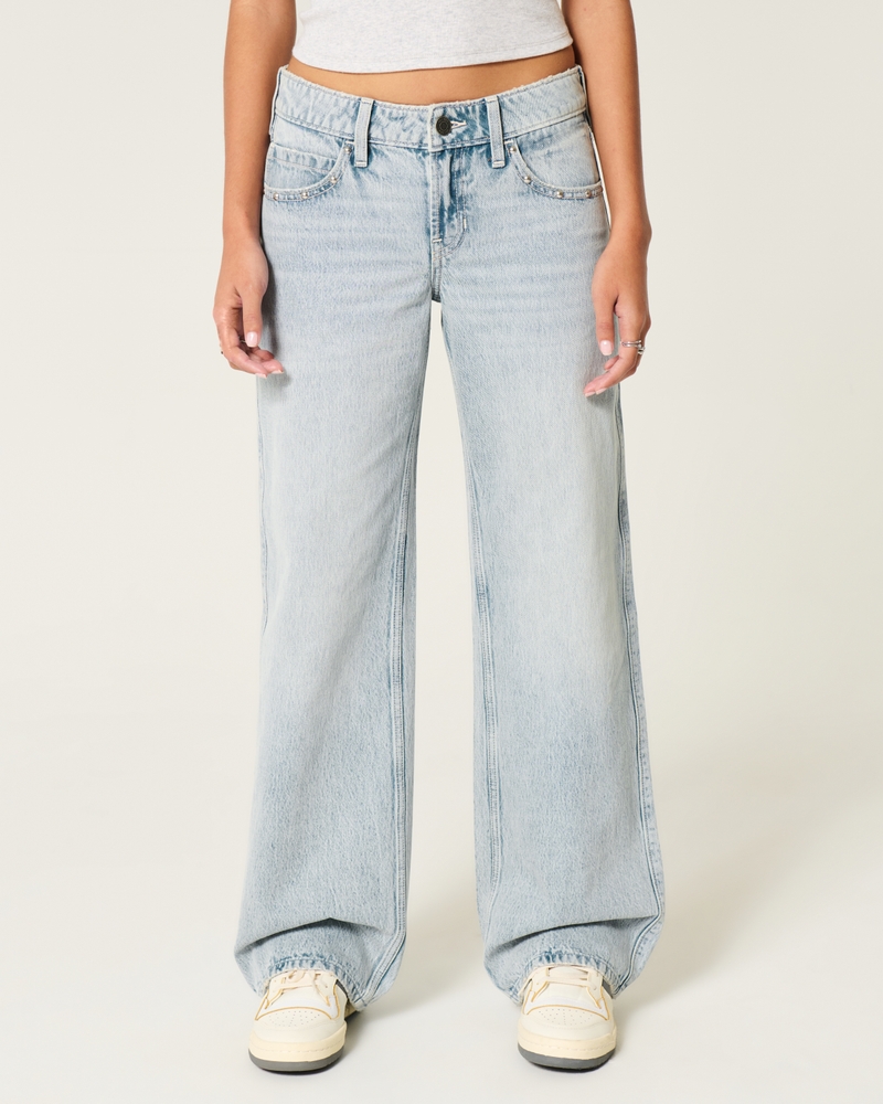Low-Rise Light Wash Studded Baggy Jeans