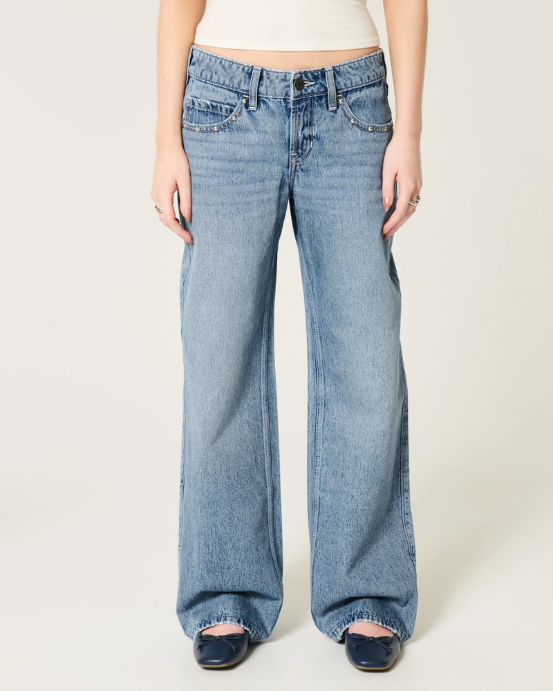 Low-Rise Medium Wash Studded Baggy Jeans