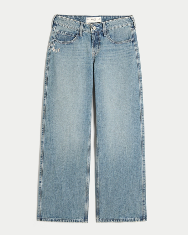 Low-Rise Medium Wash Butterfly Graphic Baggy Jeans, Medium view 1