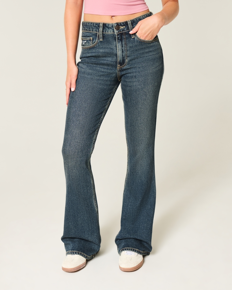 High-Rise Dark Wash Embroidered Florals Flare Jeans