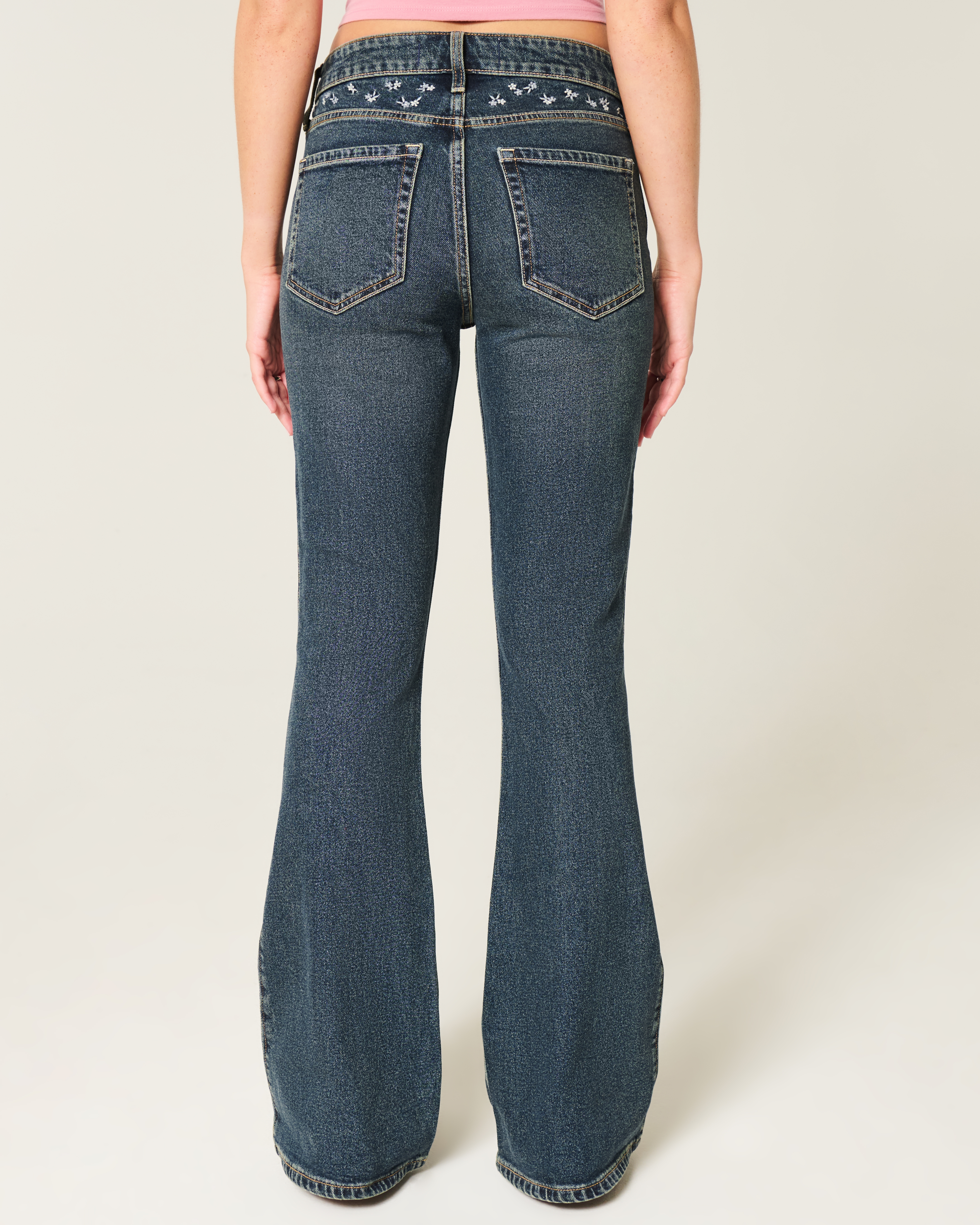 Women's High-Rise Dark Wash Embroidered Florals Flare Jeans