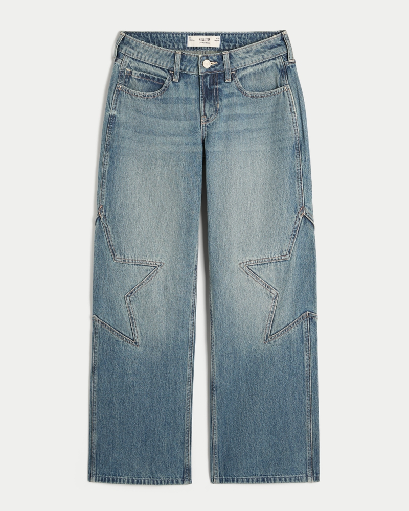 Women's Low-Rise Medium Wash Star Graphic Baggy Jeans Women's