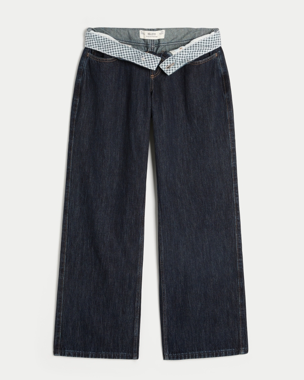 Curvy Low-Rise Dark Wash Foldover Waist Baggy Jeans