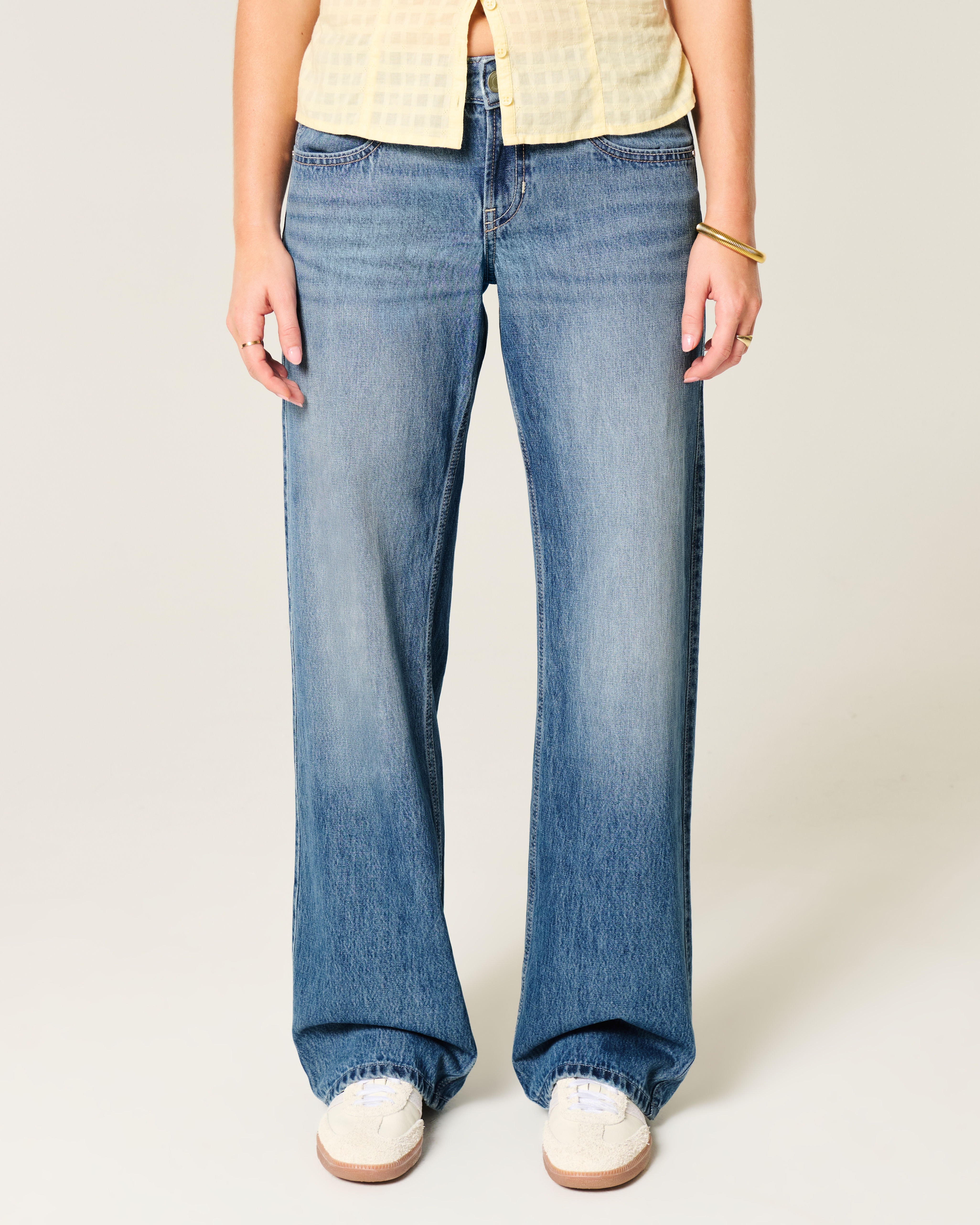 Low-Rise Medium Wash Studded Hearts Baggy Jeans