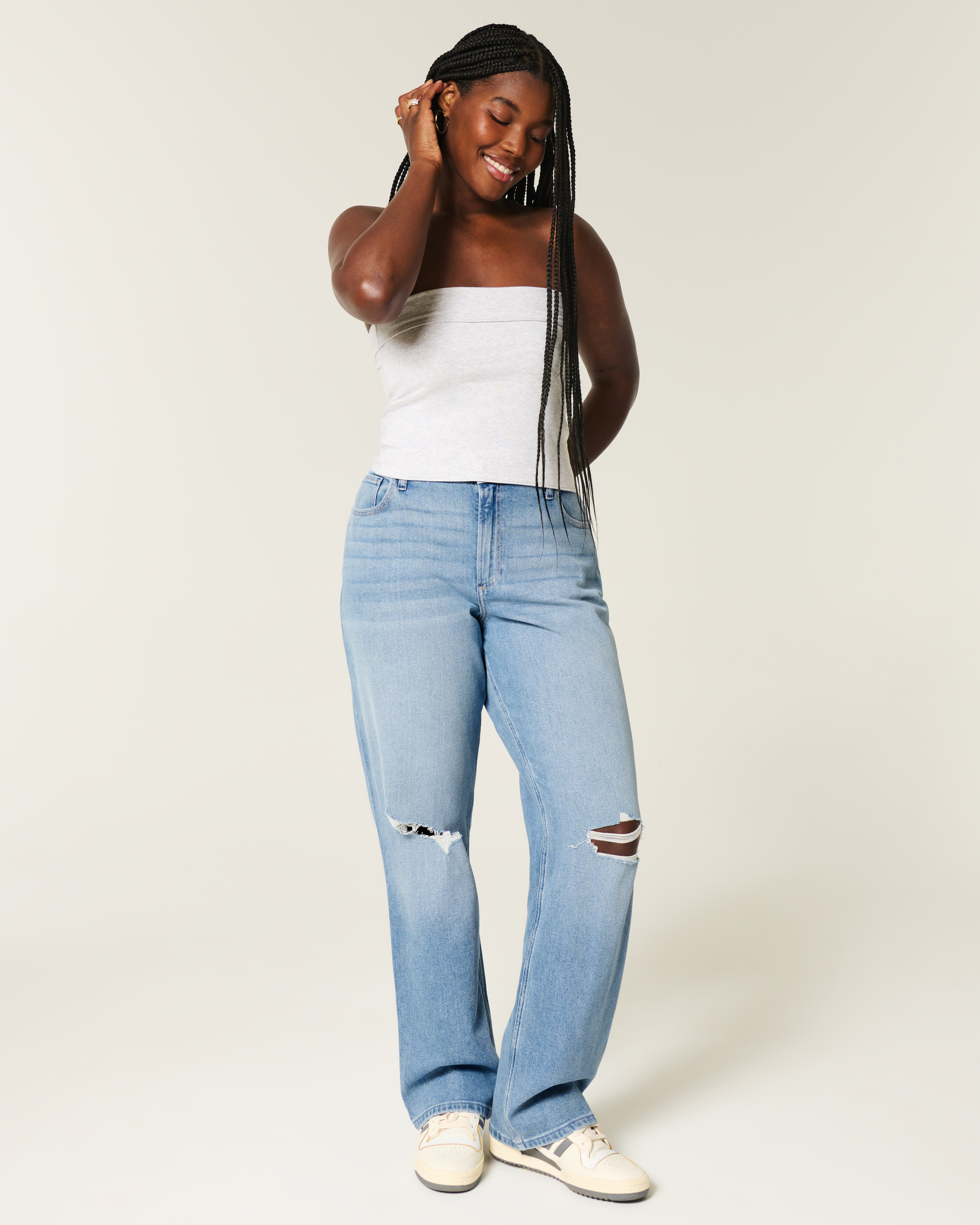 Curvy High-Rise Ripped Medium Wash Dad Jeans