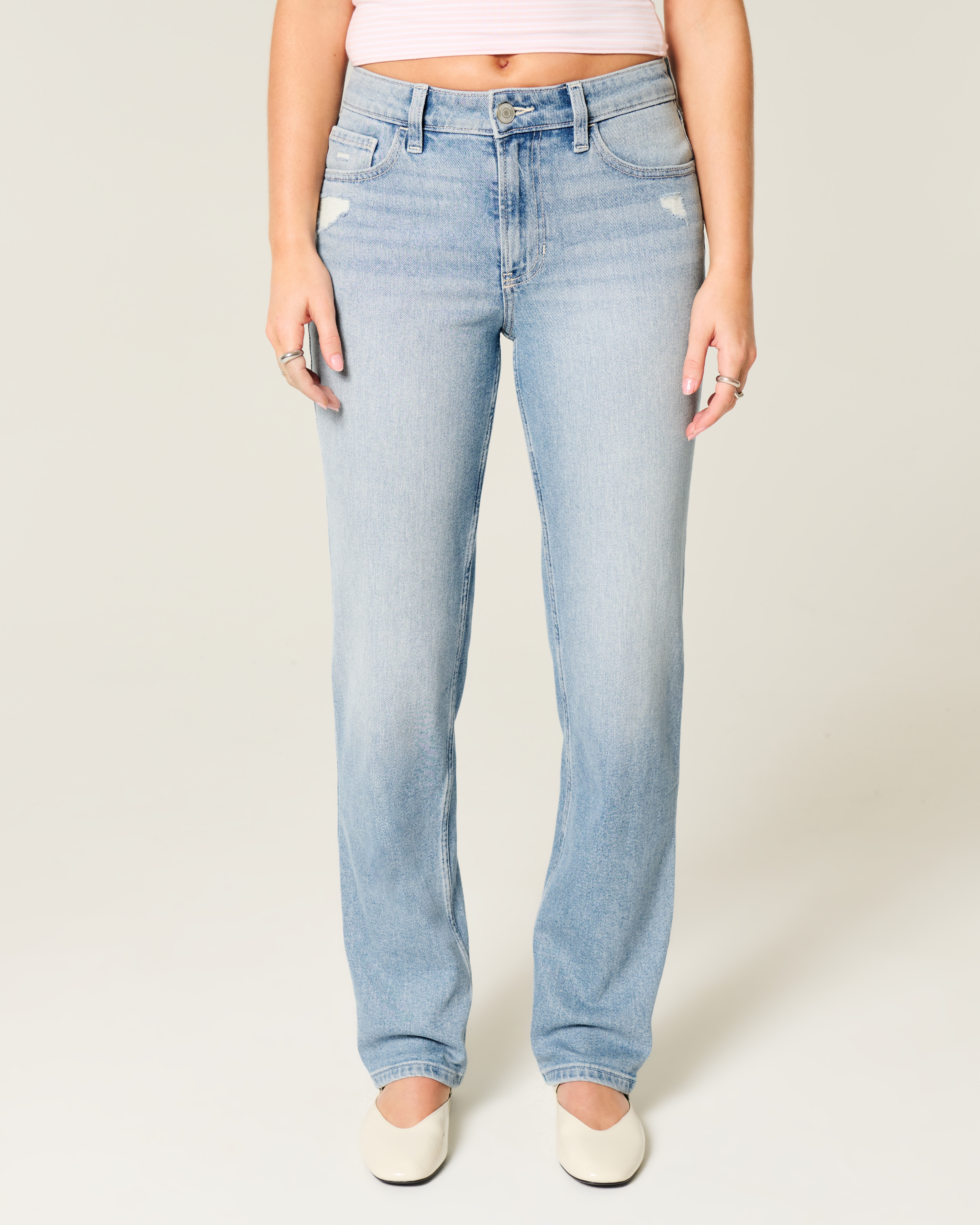 High-Rise Distressed Light Wash Straight Jeans