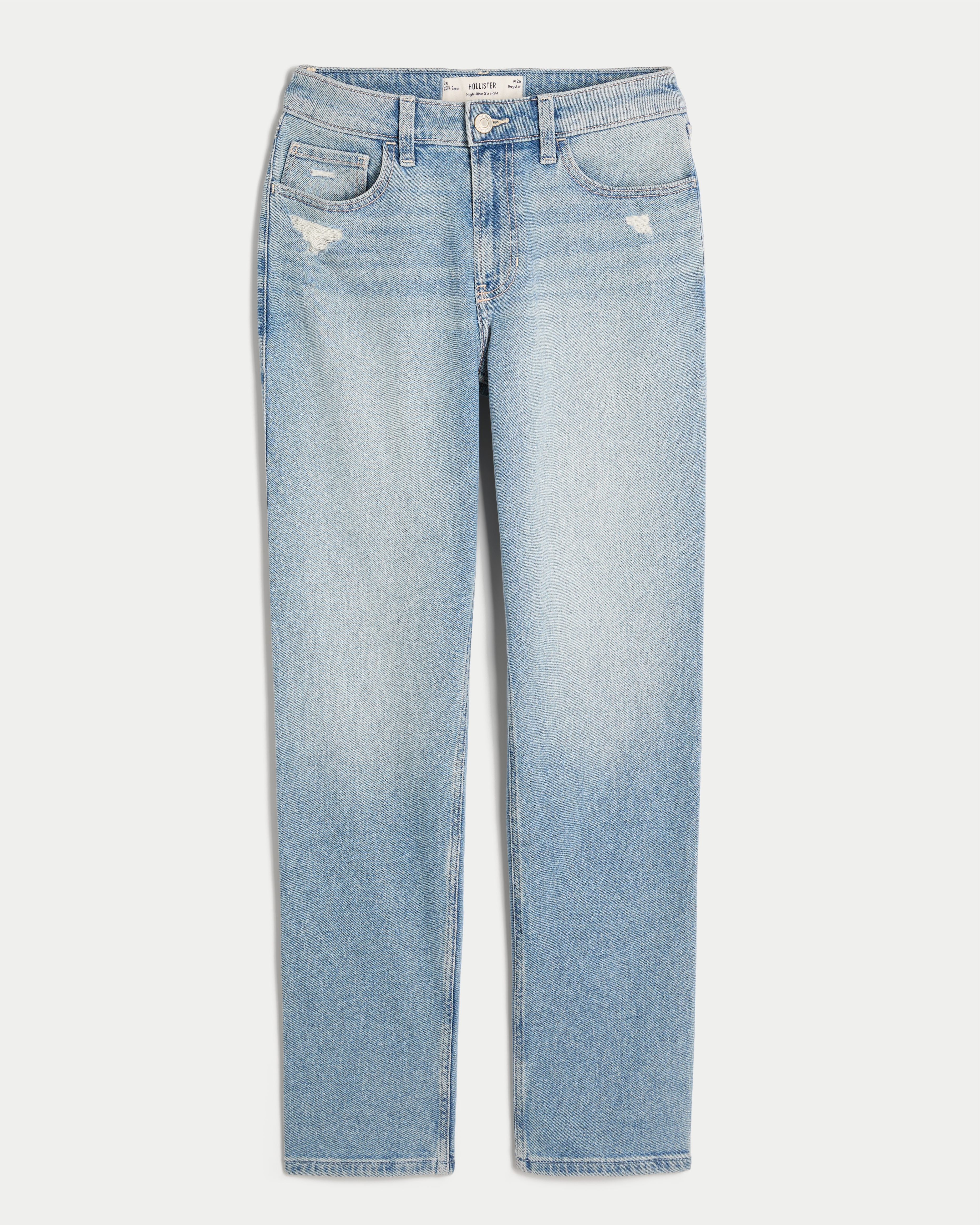 High-Rise Distressed Light Wash Straight Jeans
