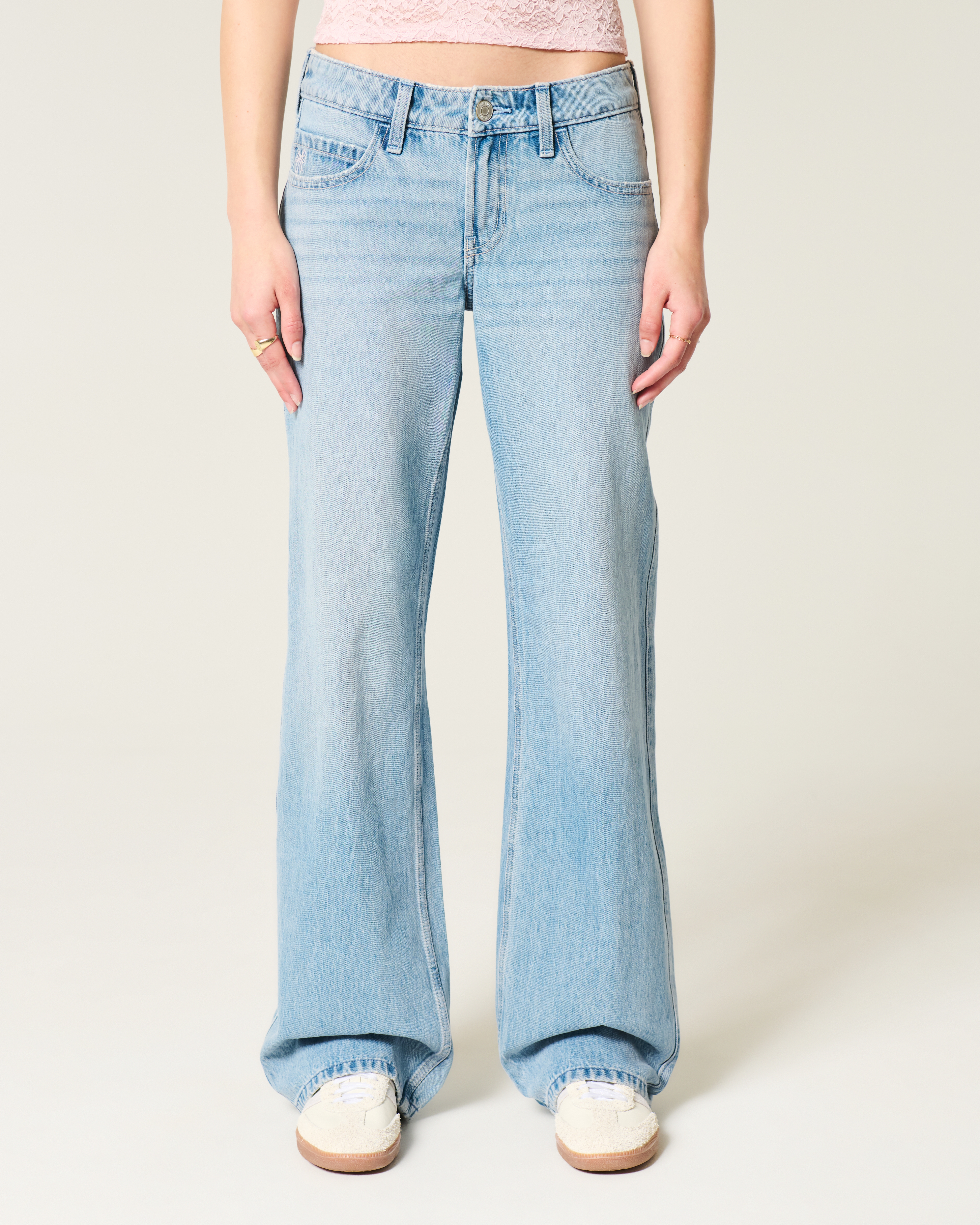 Low-Rise Light Wash Embroidered Bows Baggy Jeans